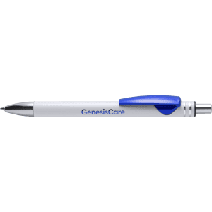 A metal pen with a white barrel and blue accents, featuring a logo on the side.