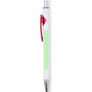 A metal pen featuring a white body, red clip, and green section for customisation. Includes a sleek silver tip.