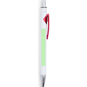 A metal pen in white with a green area and a red clip. Includes a branding logo.