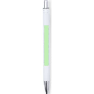 A metal pen with a white body and a green section. It features a sleek design and a silver tip.