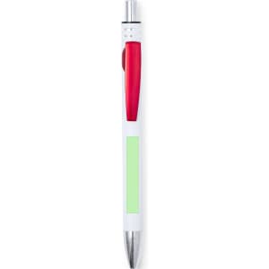 A metal pen in white with a red grip and a green section for customization. The pen features a silver nib and branding.