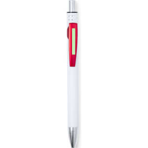 A metal pen with a white barrel, red accents, and a shiny silver clip. It features a logo on the barrel.