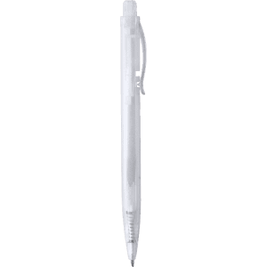 A clear plastic pen with a silver clip and a visible ink tip. The pen features a logo on its barrel.