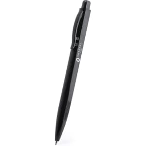 A black plastic pen with a clip and a logo, designed for writing.
