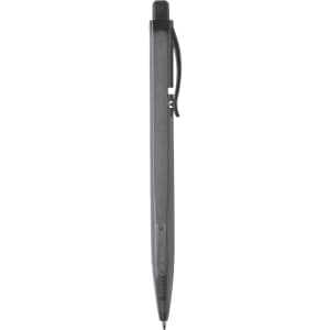 A black plastic pen with a clip and textured grip, featuring a branding logo.