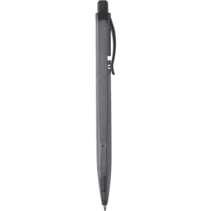 A plastic pen in black, featuring a clip and textured grip, with a branding logo on the surface.