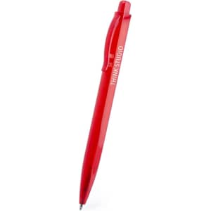 A red plastic pen with a clip and a logo. The pen features a sleek, smooth design.