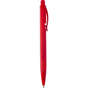 A red plastic pen featuring a clip and a branding logo.