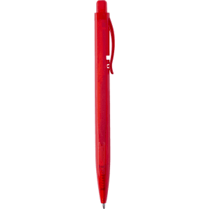 A red plastic pen with a clip and textured grip, featuring a branding logo.