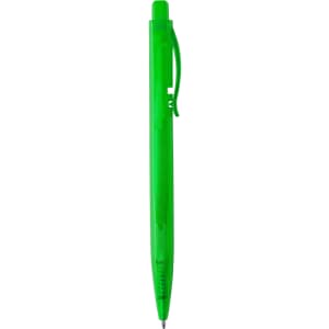 A green plastic pen with a transparent body and a clip, featuring a logo on the side.