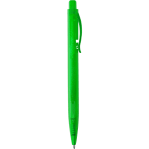 A green plastic pen with a clip and a pointed tip. It features a logo on the barrel.