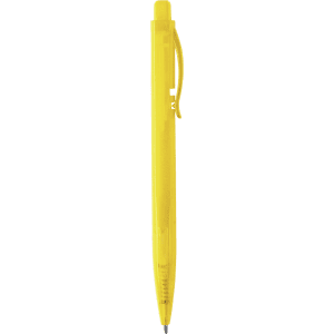 A yellow plastic pen featuring a clip and a logo on the barrel.