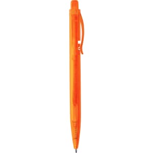 An orange plastic pen with a transparent body and a clip attached. It has a black writing tip and a simple design.