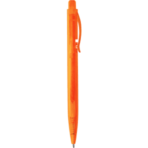An orange plastic pen with a transparent body and a clip, featuring a branding logo.