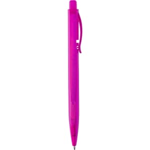 A pink plastic pen with a clip and a retractable tip, featuring a simple design and a branding logo.