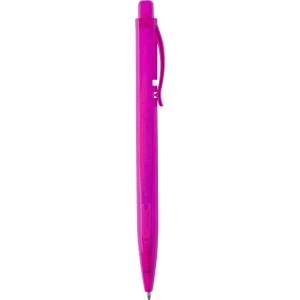 A pink plastic pen with a clip and a textured grip. It features a simple design and includes a branding logo.