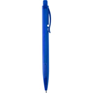 A blue plastic pen with a clip and textured grip, featuring a branding logo.