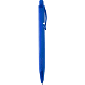A blue plastic pen with a clip and textured grip, featuring a branding logo on the side.