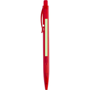 A red plastic pen with a clip and a logo, featuring a light-coloured panel for branding or writing.