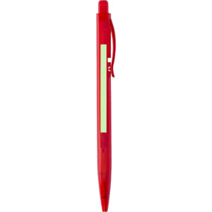 A red plastic pen with a clip and a clear barrel. Features a branding logo.