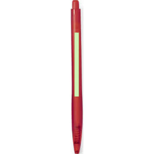 A red plastic pen featuring a green accent. The pen has a clip and is designed for writing.