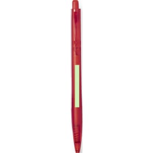 A red plastic pen with a clear barrel and a green accent. It features a logo on the side.