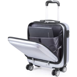 A silver wheeled trolley bag with a retractable handle and compartments for a laptop and other items.