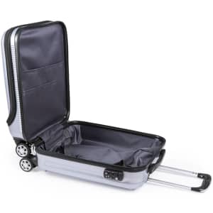 A wheeled trolley bag in light grey with an open compartment and black interior, featuring dual wheels and a handle.