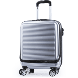 A silver wheeled bag with a textured surface and a retractable handle, featuring four wheels for mobility.