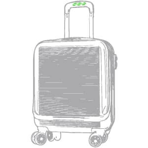 A grey wheeled bag with a retractable handle and wheels, featuring a logo on the front.