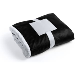 A folded black blanket with a soft white lining, secured with a band. The blanket has a smooth texture.