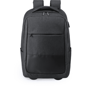 A grey trolley backpack with a smooth black bottom, featuring two straps and a front zip pocket.