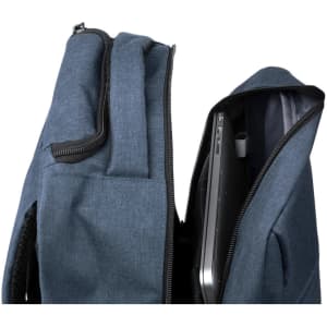 A blue trolley backpack with a zippered compartment revealing a laptop inside. The bag also has a branded logo.
