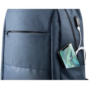 A navy blue backpack featuring a side pocket with a phone and charging cable, along with a sleek design.
