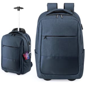 A blue trolley backpack with a retractable handle, featuring multiple compartments and a side pocket for a drink bottle.