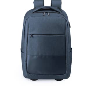 A blue trolley backpack featuring a sleek design with multiple compartments and a logo, perfect for travel.
