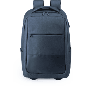 A grey trolley backpack featuring a textured fabric and a smooth bottom panel, complete with two shoulder straps.