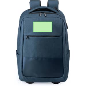 A blue trolley backpack with multiple compartments and a smooth lower section. It includes a logo on the front.