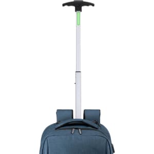 A blue trolley backpack with a retractable handle and wheels, featuring a logo on the front.
