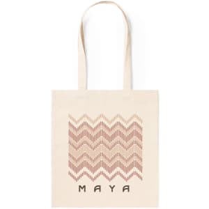 A beige tote bag featuring a wave pattern and a logo at the bottom.
