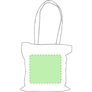 A light green tote bag with two handles and a blank rectangular area for custom designs. Features a logo.