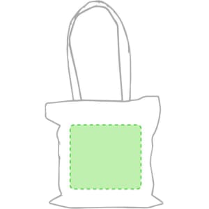 A white tote bag with green accents and a square area for branding or design. It features two shoulder straps.