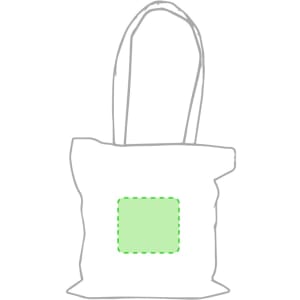 A white tote bag with green stitching and a square area for customization. It has two handles.