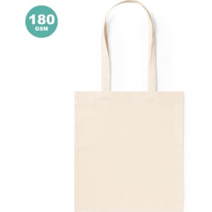 A plain beige tote bag with long handles, featuring a logo on one side. It has a thick fabric of 180 GSM.