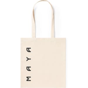 A cream tote bag with long handles and a logo. It features bold black text on one side.