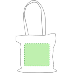 A white tote bag with green accents and a square area for customization. It has two sturdy handles.