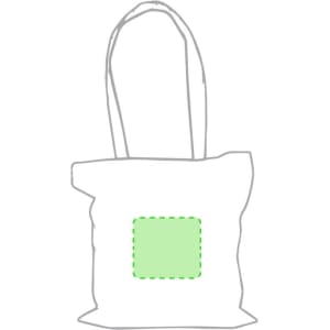 A green tote bag with two handles and a rectangular area in the centre, featuring a logo or branding.