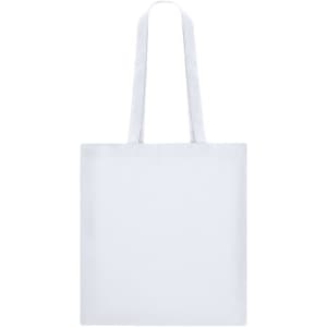 A plain white tote bag with two shoulder straps. The bag features a branding logo.