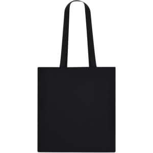 A black tote bag with two long handles and a plain design. It features a logo on one side.