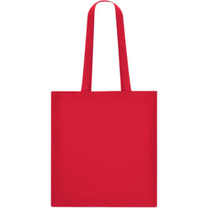 A red tote bag with two shoulder straps and a plain design, featuring branding on the side.